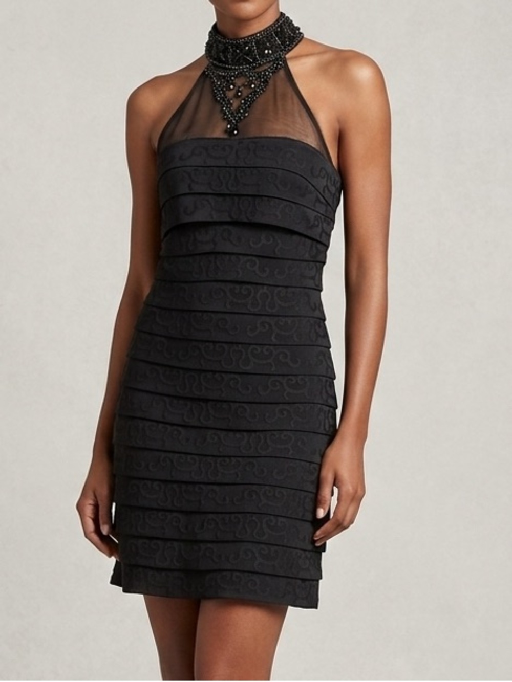 Sherri Hill black beaded sequins bandage bodycon halter mesh mini dress